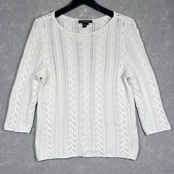 Lauren Ralph Lauren Round Neck Cable Knit Sweater Women’s Large Petite PL White - Picture 1 of 9